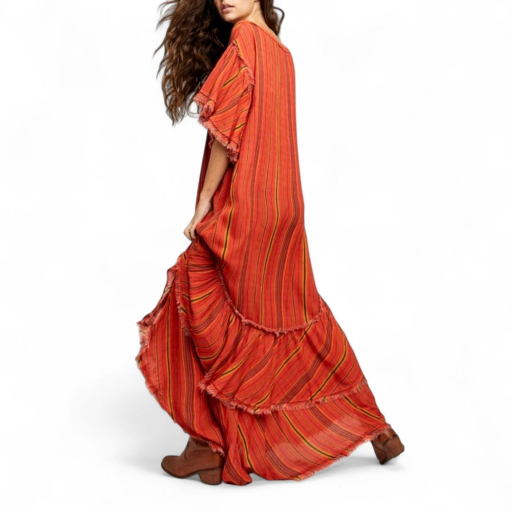 Free People Better Days Short Sleeve Orange Red Striped Tiered Maxi Dress - S